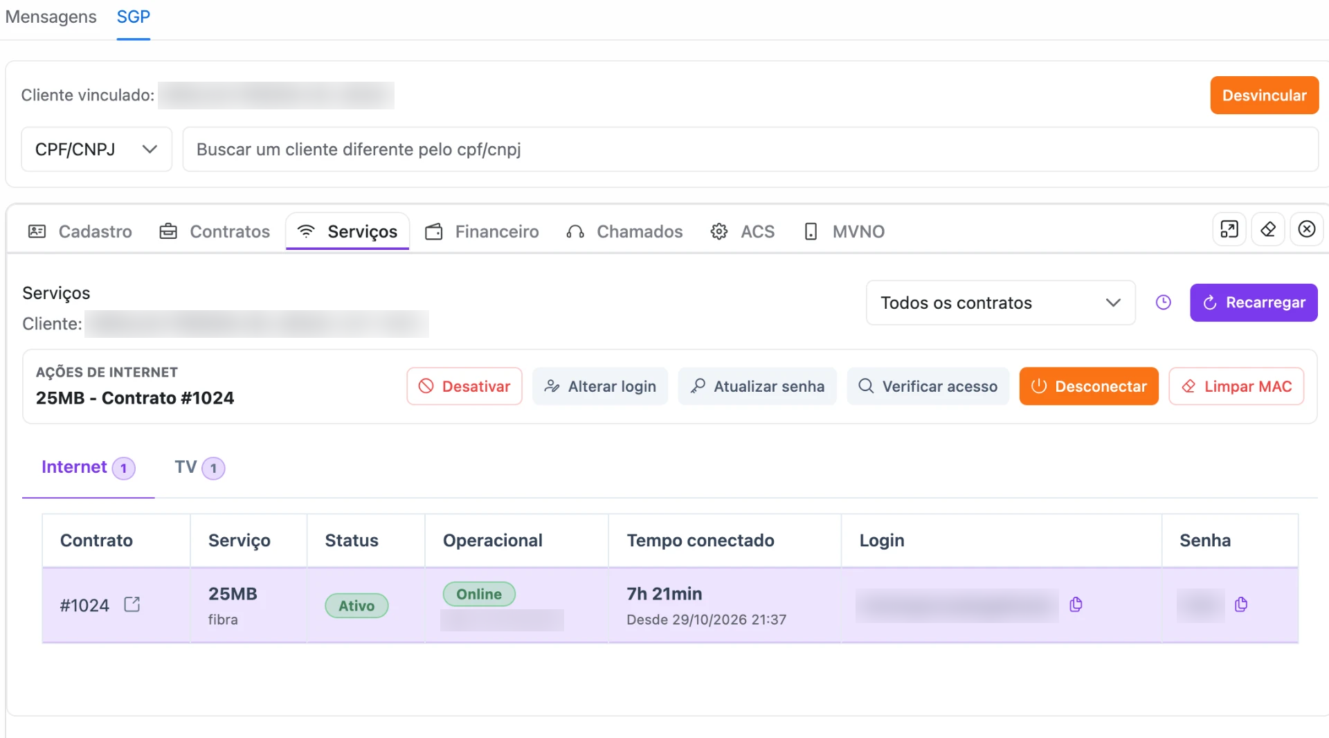 Aba Serviços do ERP dentro do DMZ Chat Hub, com ações de internet do cliente
