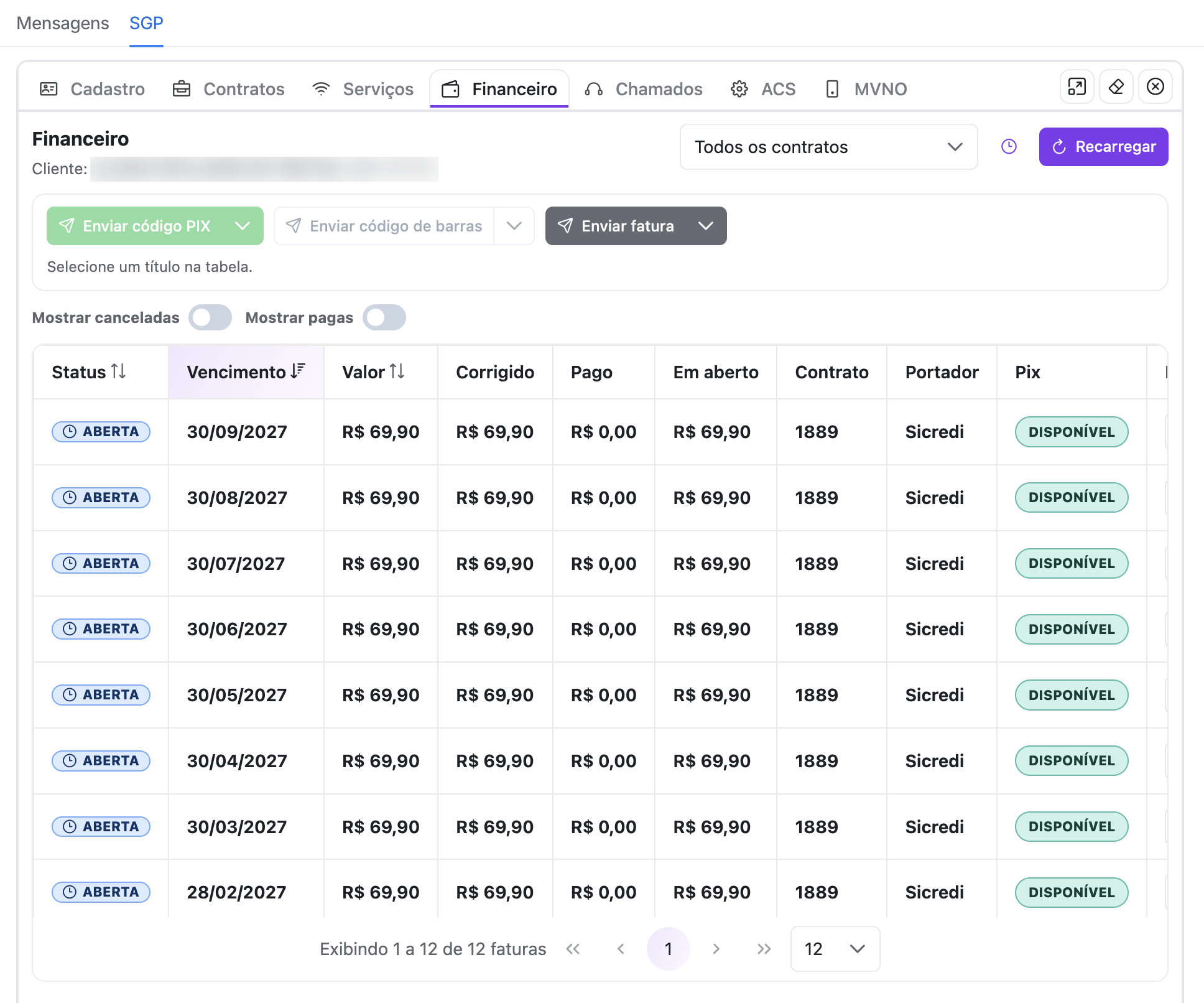 Aba Financeiro do ERP dentro do DMZ Chat Hub, com faturas do cliente